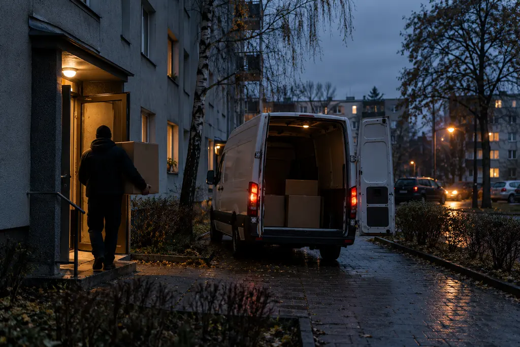 A person seen from behind carrying a cardboard box out of an apartment block towards a white van