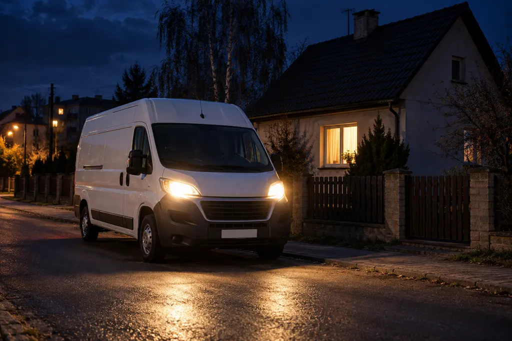 A white moving van parked in front of a family house in a Polish village at night