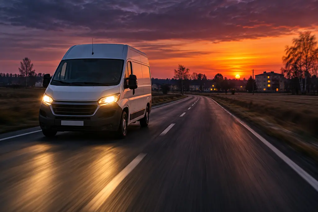 A white van driving towards the camera on a country road at sunset