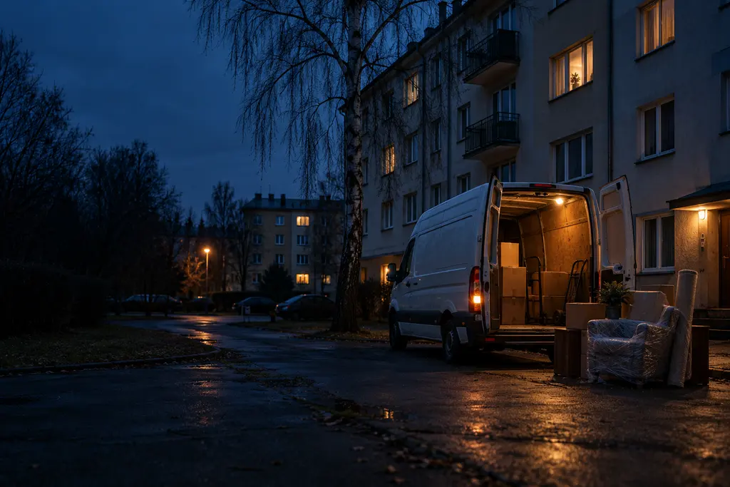 A white moving van with open doors in the courtyard of an apartment block at blue hour, boxes beside it