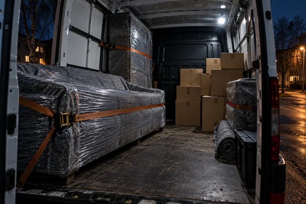 Furniture wrapped in moving blankets and strapped inside a van