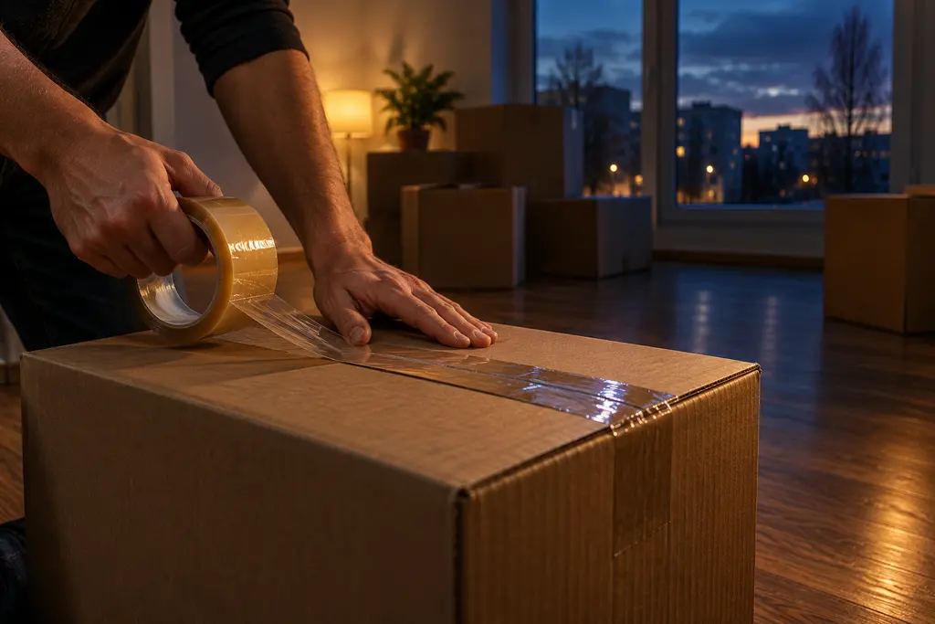 Two hands sealing a cardboard moving box with tape